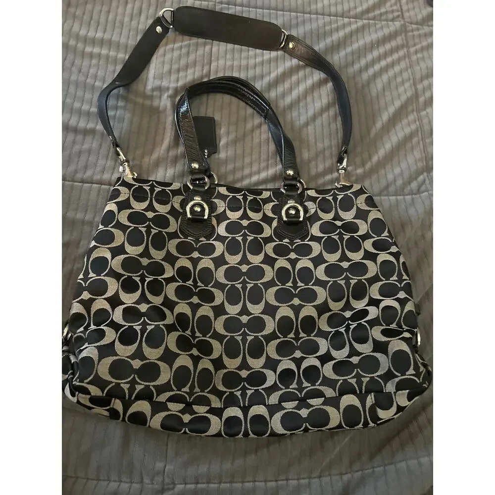 Coach Ashley Signature Canvas Handbag in Black and Gray.
